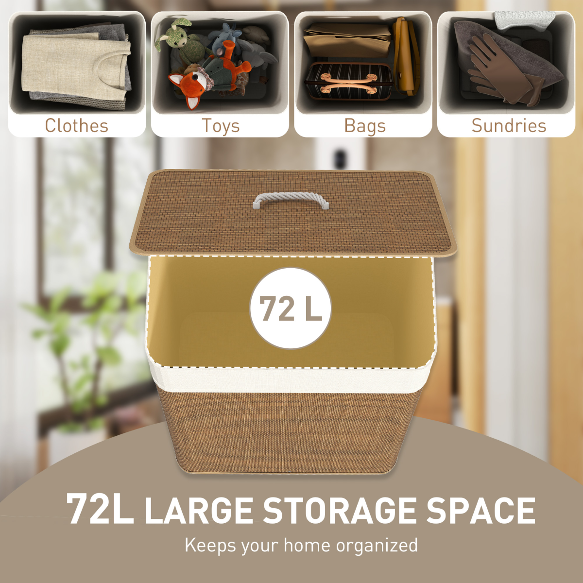 HOMCOM 72L Laundry Hamper with Removable Liner Bag and Lid – Portable Bamboo Laundry Basket, Brown