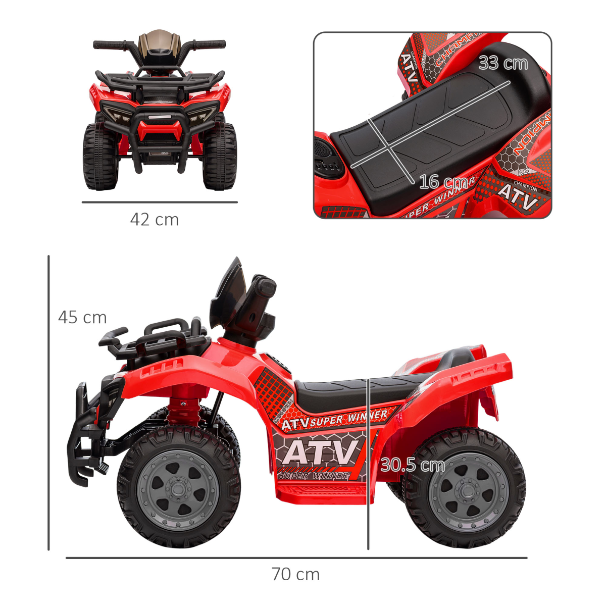 HOMCOM 6V Kids Electric Ride-On Quad Bike with Music – Toddler ATV for 18-36 Months, Red