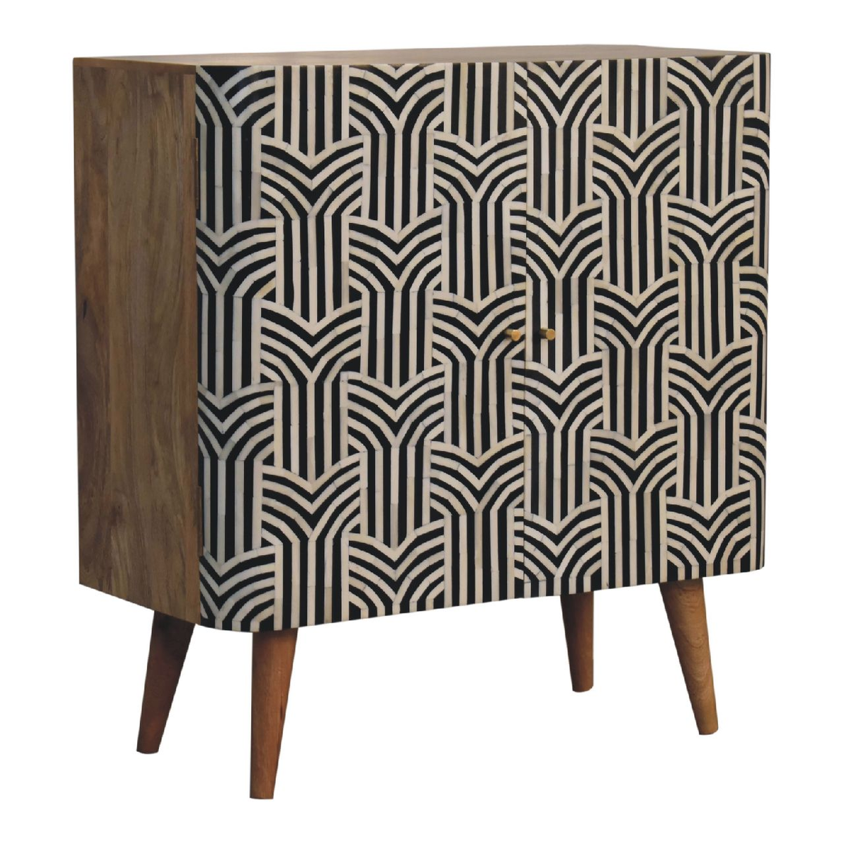 Artisan Furniture Solid Wood Edessa Bone Inlay Cabinet with 2 Shelves and Nordic Legs – Boho Style, Black & White