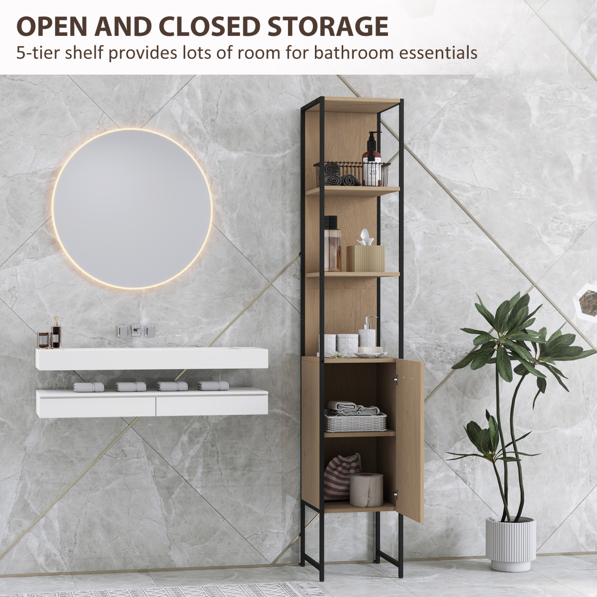 White Bathroom Storage Cabinet with Open & Closed Compartments – Adjustable Shelf, Freestanding Organiser