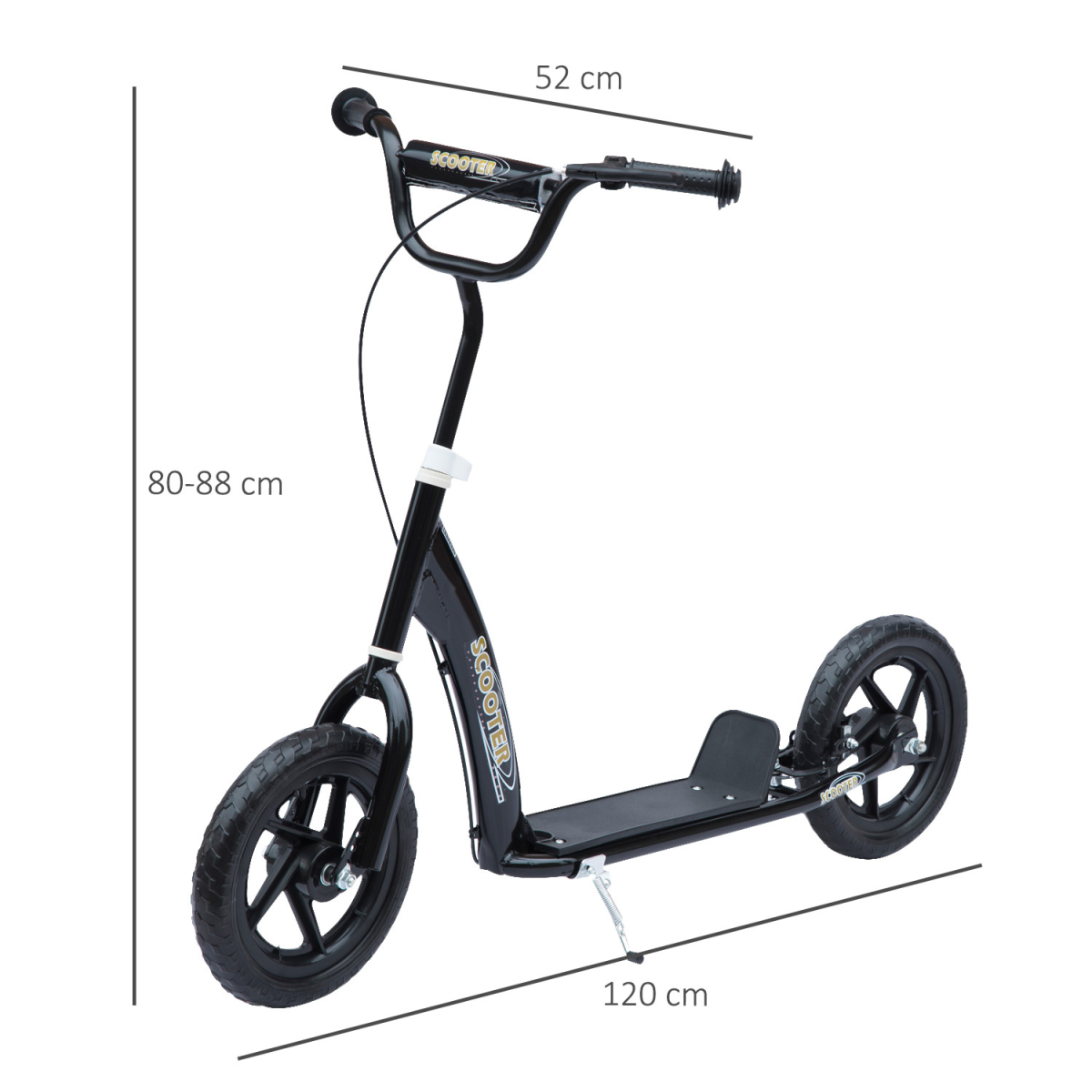 HOMCOM Push Scooter with 12" EVA Tyres, Adjustable Height & Rear Brake – Stunt Kick Scooter for Kids, Black
