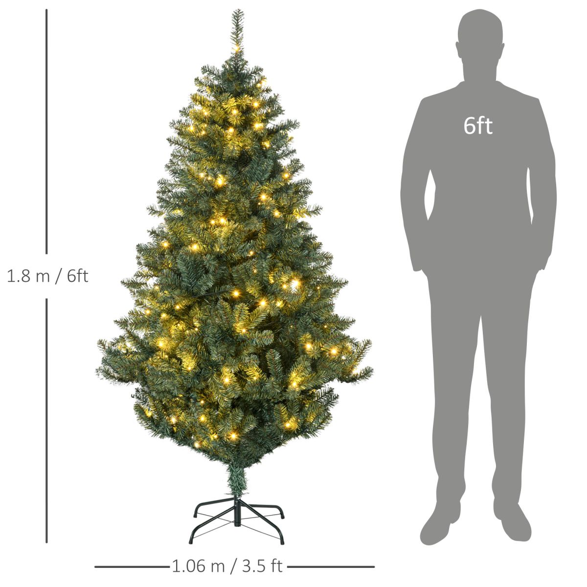 HOMCOM Artificial Christmas Tree with LED Lights, Baubles and Banner – Auto Open Branches, Steel Base