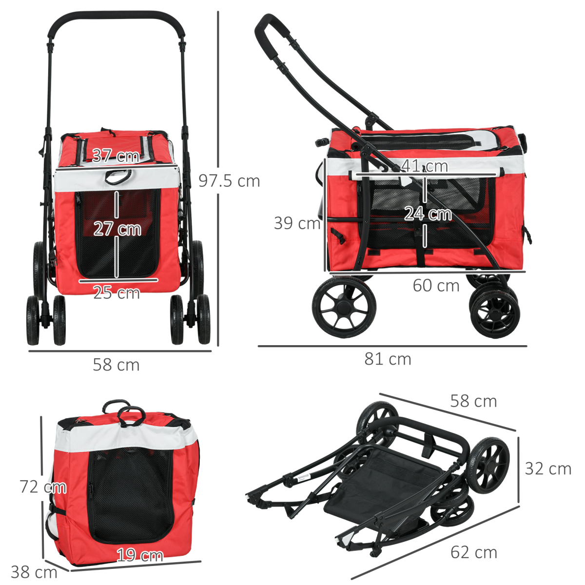 PawHut Foldable Pet Stroller with Detachable Carrier & Soft Padding – Small Dog Pushchair, Red