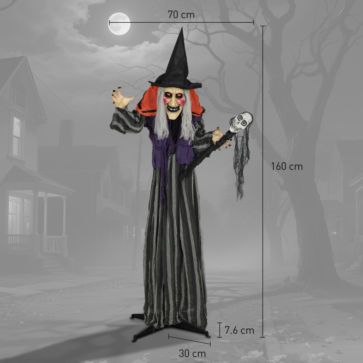 Outsunny Voice Activated Halloween Animatronic Standing Witch with Skull Staff – 160 cm Life-Size