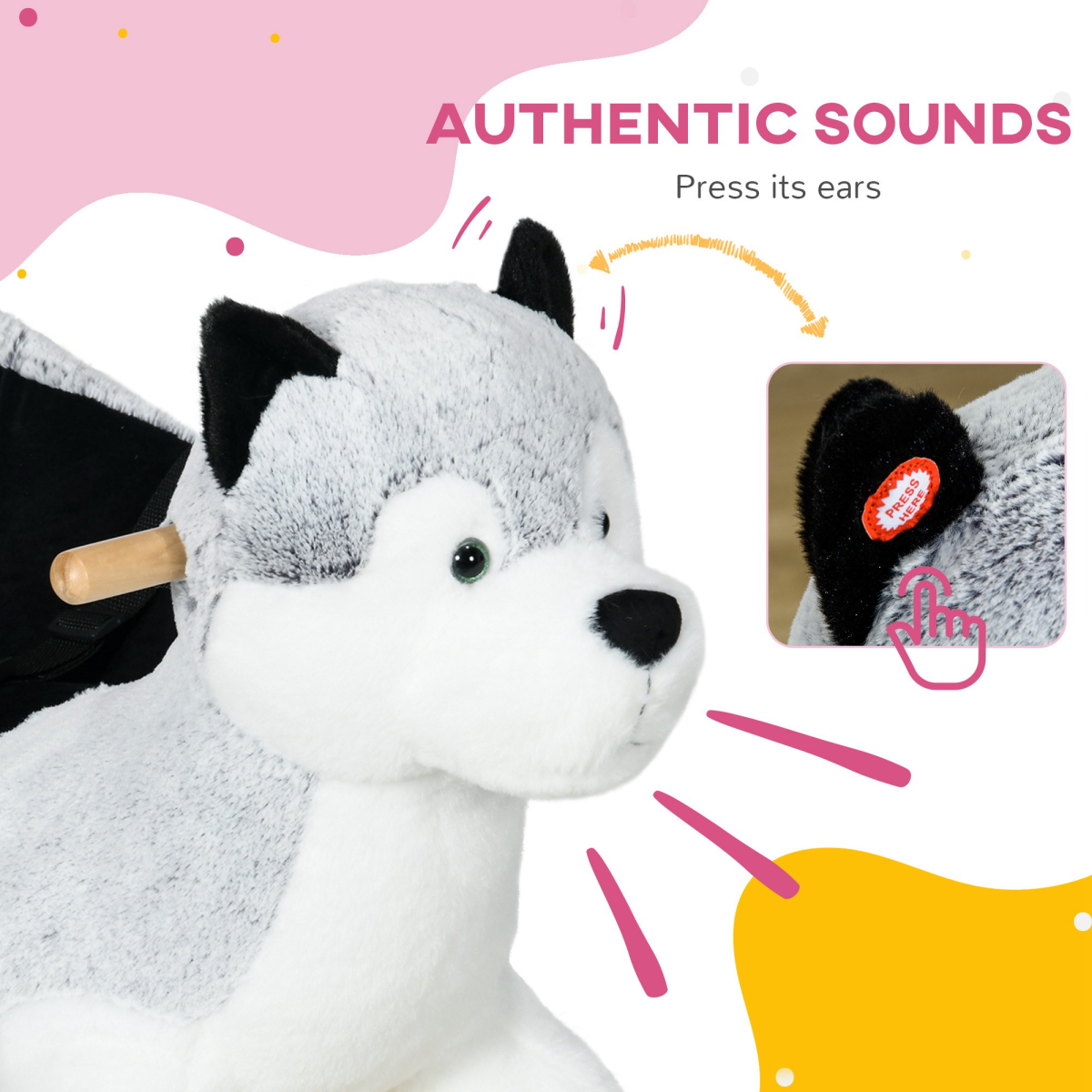 Kids Husky Plush Rocking Horse with Seat Belt & Animal Sounds – Ride-On Toy for 18-36 Months, Grey & Black