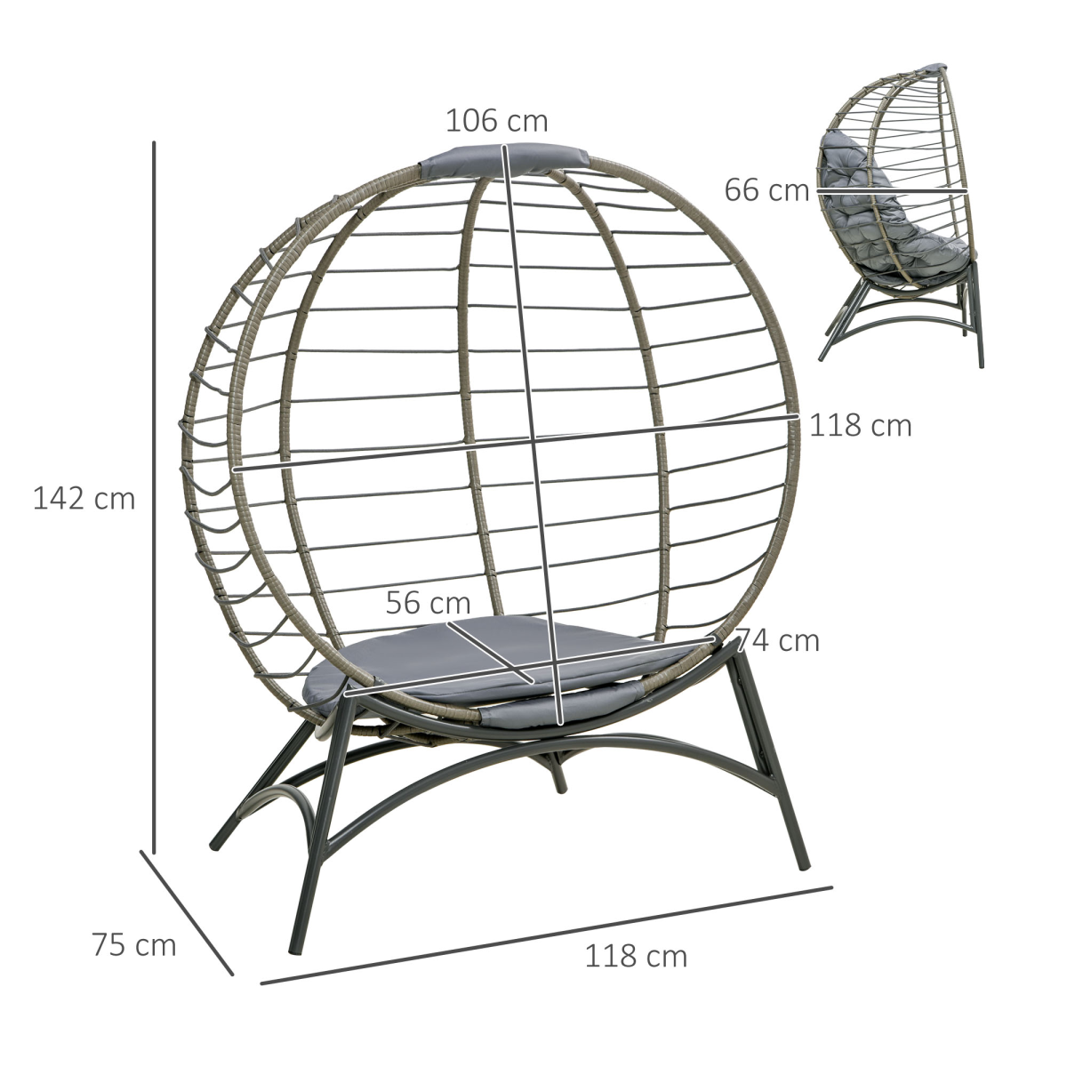 Outsunny Rattan Egg Chair with Cushion, Folding Wicker Basket & Bottle Holder Bag – Garden Patio Lounge Seat