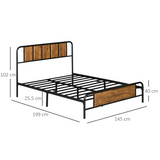 HOMCOM Retro Steel Double Bed Frame with Wood-Effect Headboard & Slatted Base, 145 x 199cm – Brown