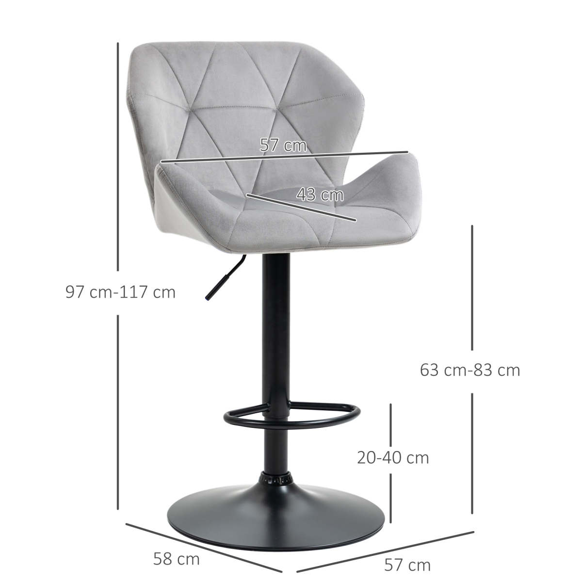 HOMCOM Set of 2 Velvet-Touch Bar Stools with Wing-Shape Seats & Metal Footrest – Kitchen Counter Seating, Grey