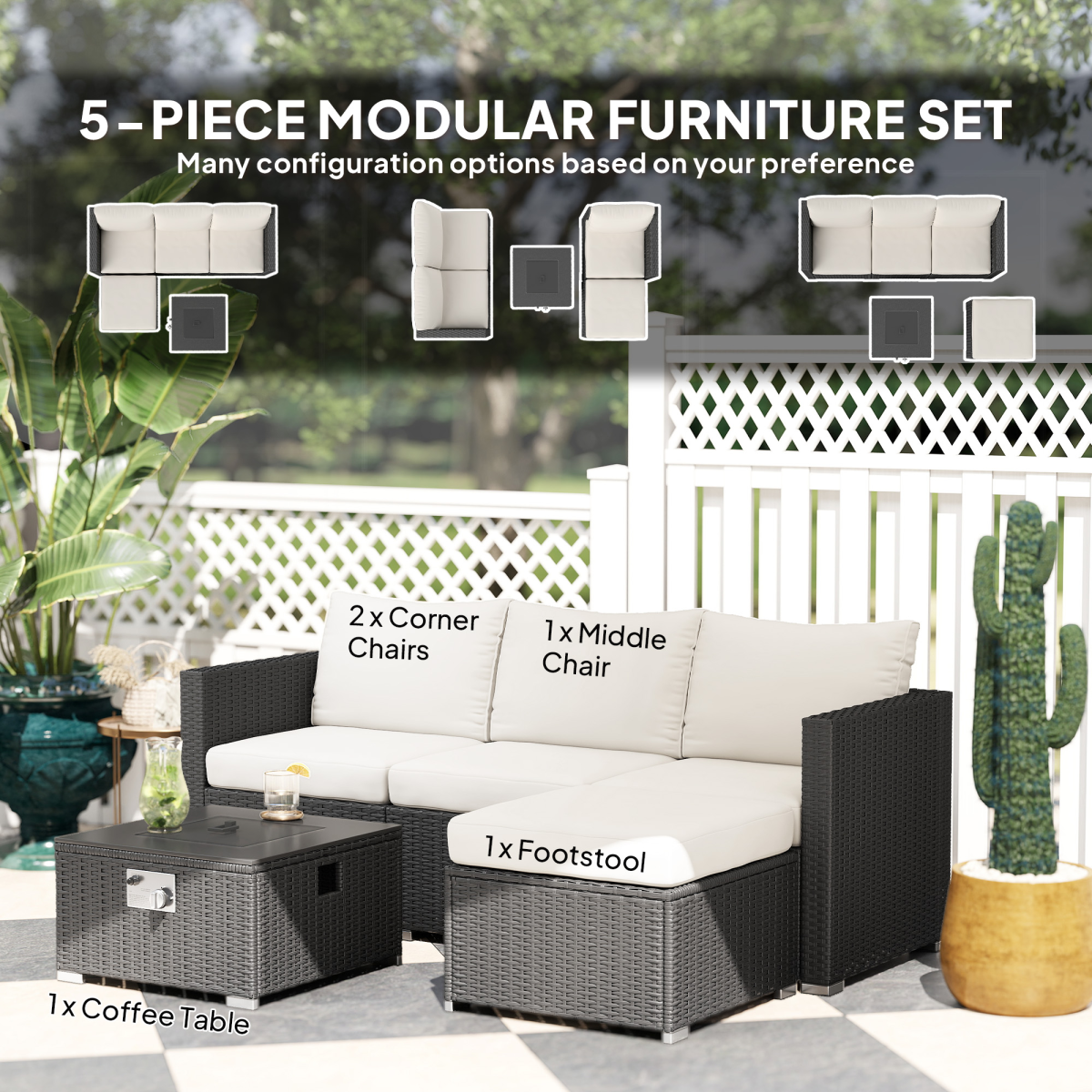 Outsunny 4 Seater Rattan Sofa Set with Fire Pit Table, Footstool and Thick Cushions – Garden Lounge, Black and Cream