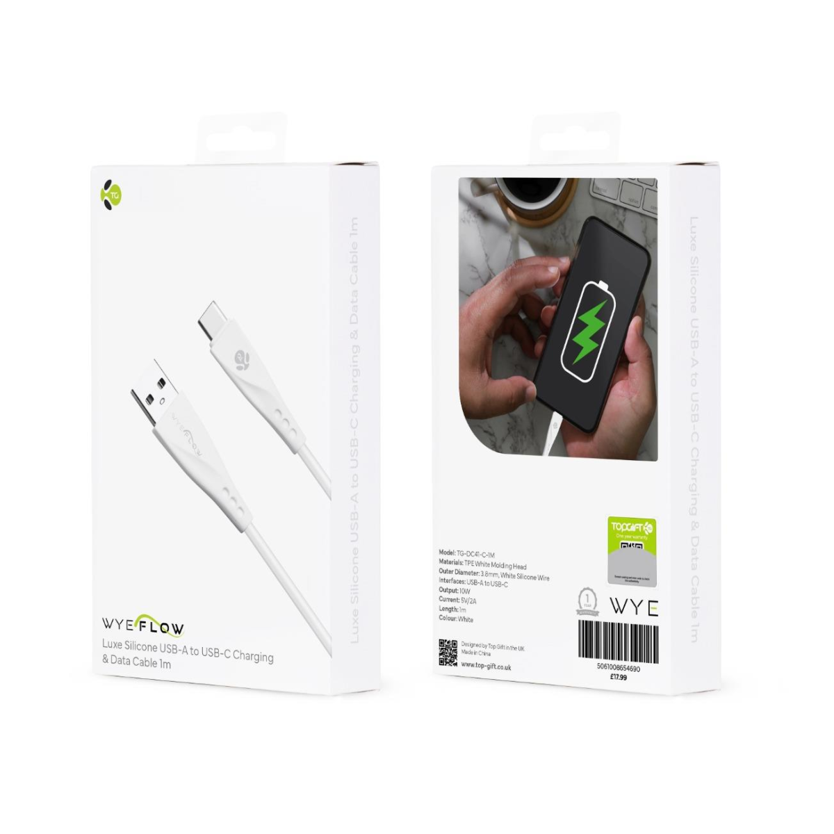 WYEFLOW Luxe Silicone USB-A to USB-C Charging & Data Cable, 3m – Long Charge Lead, White