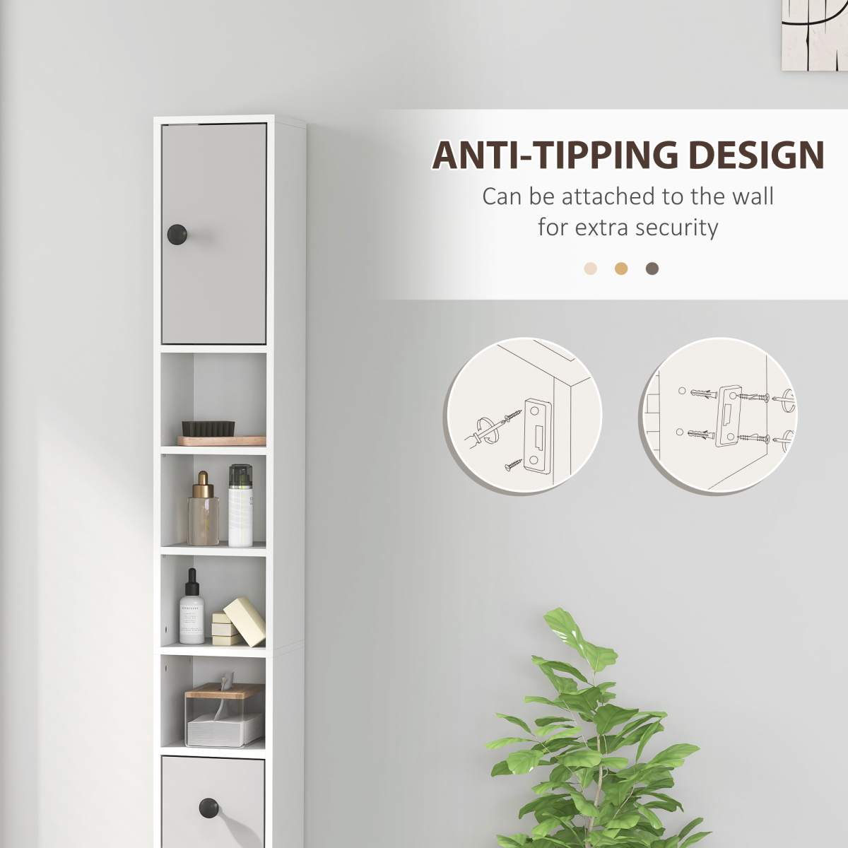 Tall Slim Bathroom Cabinet with 2 Cupboards, Drawer & 4 Open Shelves – Narrow Storage Unit, Light Grey