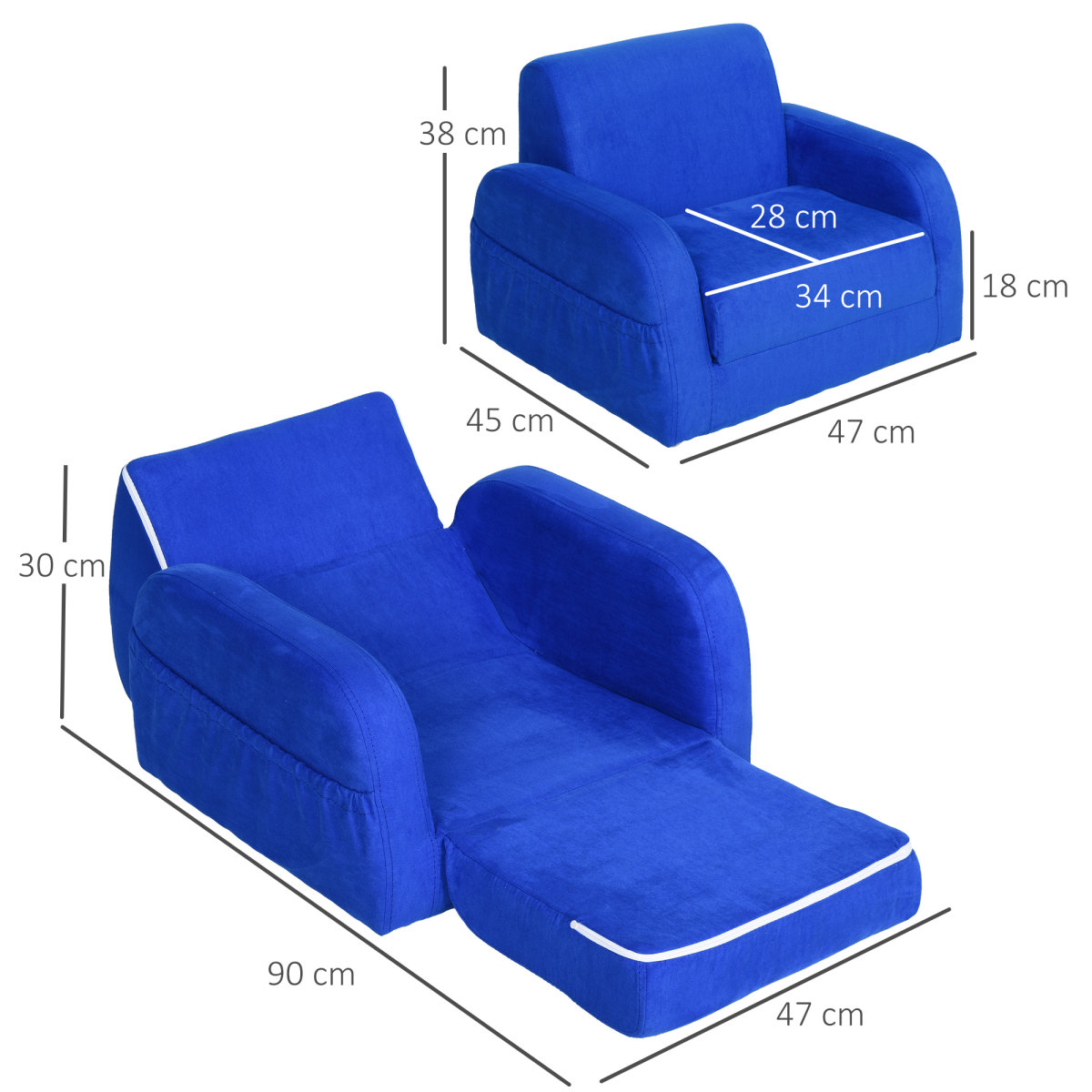 HOMCOM 2-in-1 Kids Sofa Armchair with Fold-Out Bed – Flip-Open Toddler Couch in Flannel, Blue
