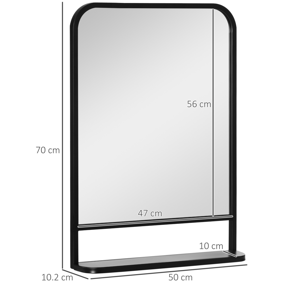 Square Wall Mirror 70 x 50cm with Bottom Shelf – Black Metal Frame for Bathroom, Hallway or Makeup