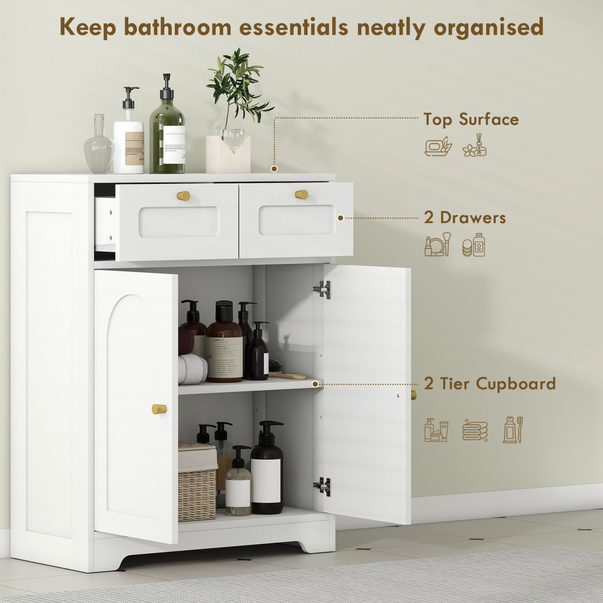 HOMCOM Bathroom Floor Cabinet with 2 Arched Doors, 2 Drawers & Adjustable Shelf – White