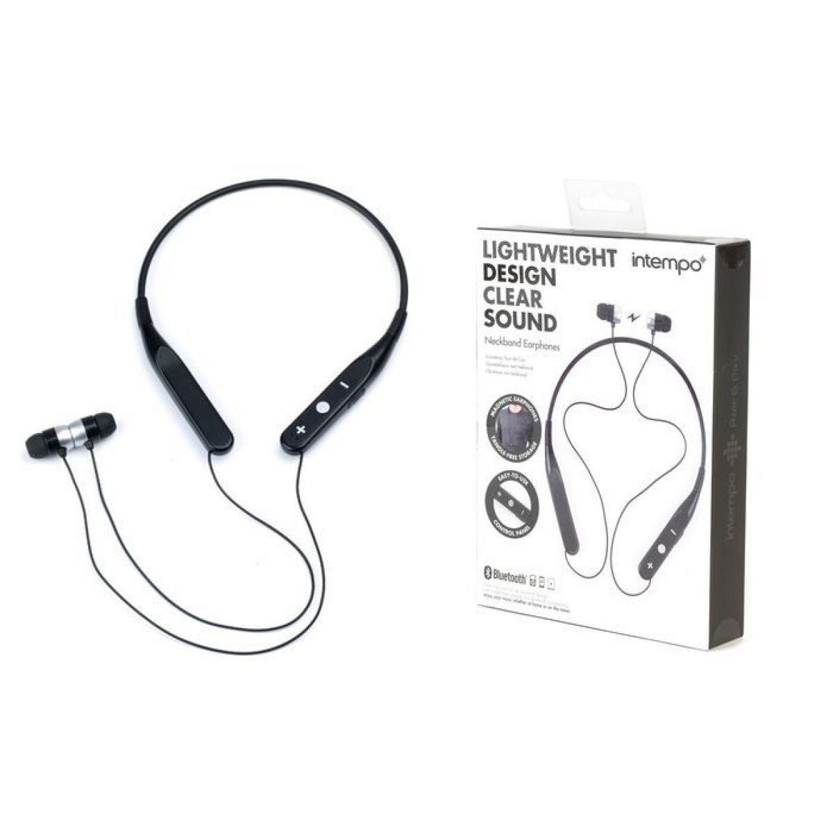 Intempo EE4301 Bluetooth Neckband Earphones with Cushioned Earbuds & Magnetic Design – Sports Earphones, Black
