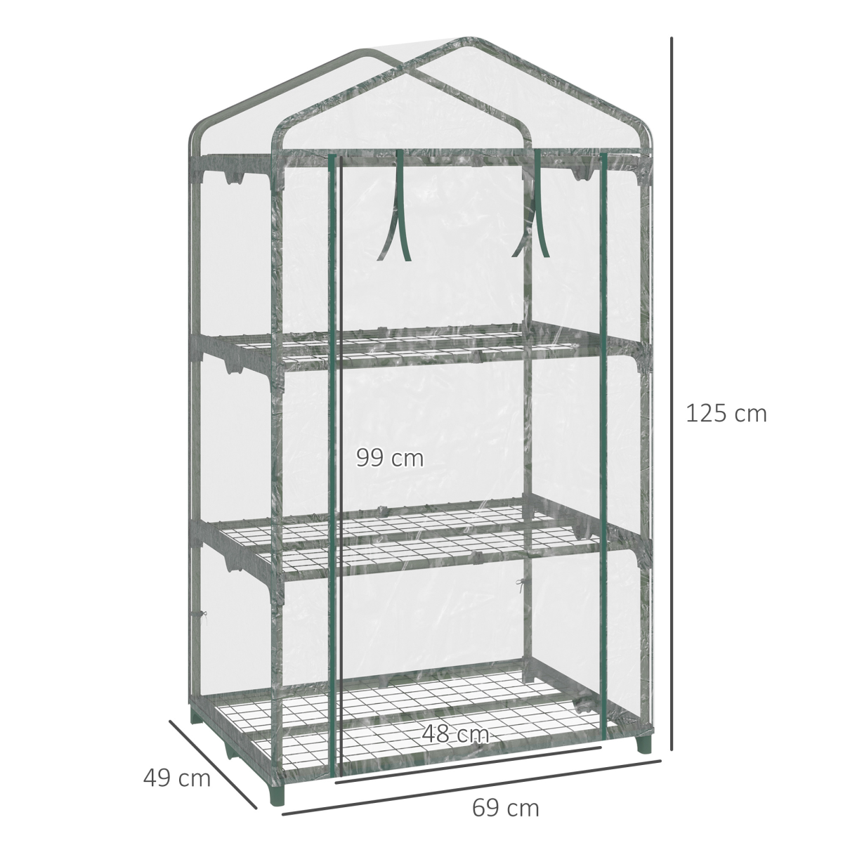 Outsunny 3 Tier Mini Greenhouse with Roll-Up Door & Wire Shelves, 69 x 49 x 125cm – Clear