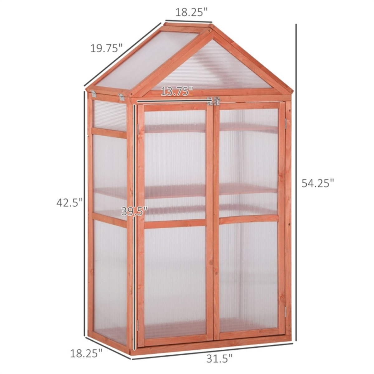 Wooden Mini Greenhouse with 3-Tier Adjustable Shelves & Double Doors – Polycarbonate Garden Plant House, Orange