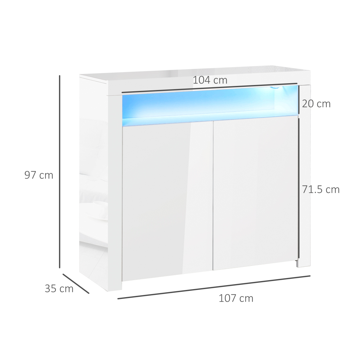 HOMCOM High Gloss LED Sideboard Cabinet with RGB Lighting – Modern Living Room Storage, White