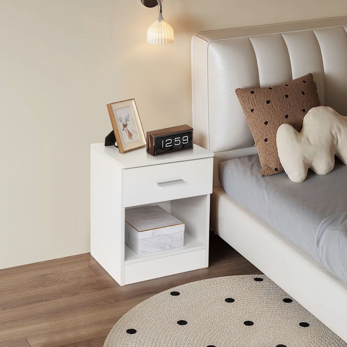 2-Tier Bedside Table with Drawer and Open Shelf – Modern Nightstand, White