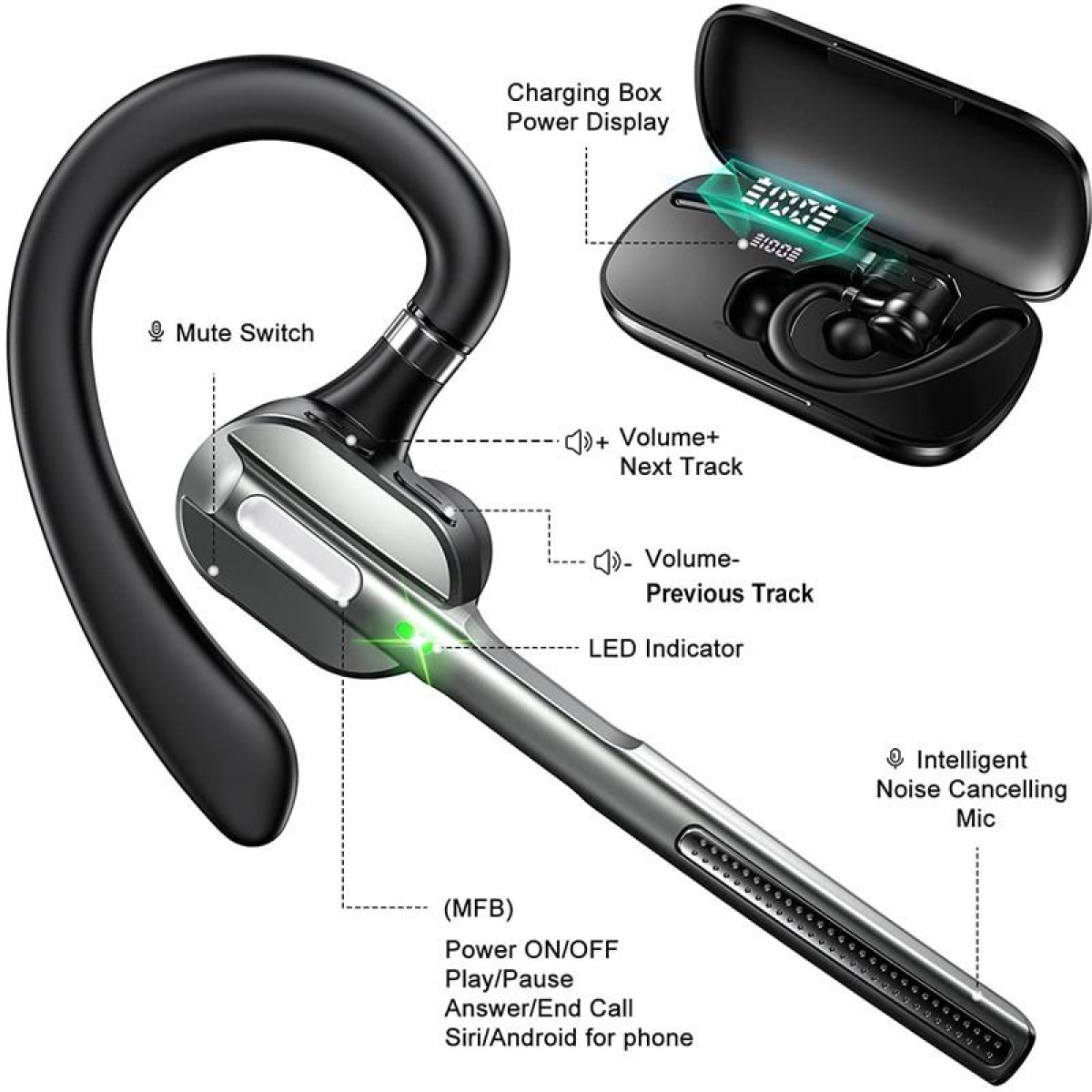 WYE ProTalk One-Ear Business Headset – Wireless 5.1, Active Noise Cancellation, Dual Device Pairing, Black