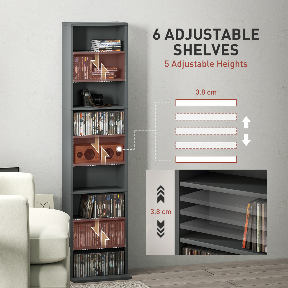 Tall Narrow Bookcase Storage Cabinet for 260 CDs / 120 DVDs – Slim Bookshelf with Anti-Tipping Straps, Grey