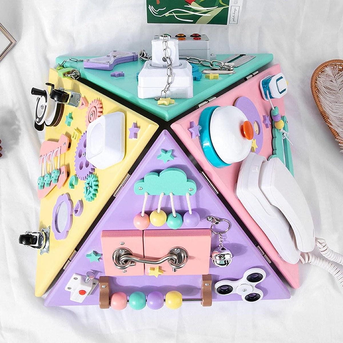 Montessori Busy Board Pyramid for Toddlers – Wooden Sensory Activity Cube for Motor Skills