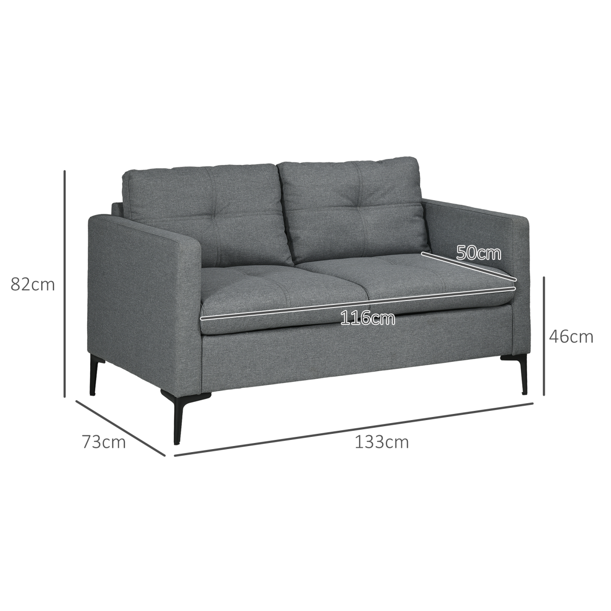 HOMCOM Modern 2 Seater Loveseat Sofa with Linen-Look Upholstery and Steel Frame – Living Room Bedroom Settee, Grey