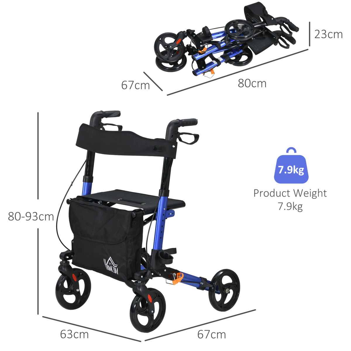 HOMCOM 4 Wheel Rollator Walker with Seat & Bag, Foldable with Height Adjustable Handles – Mobility Aid, Blue