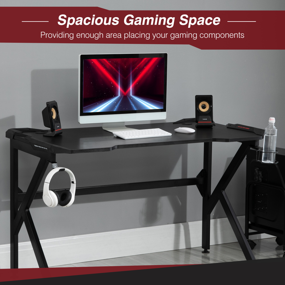 HOMCOM Gaming Desk with Steel K-Frame, Cup Holder, Headphone Hook and Cable Management – 120cm Racing PC Desk
