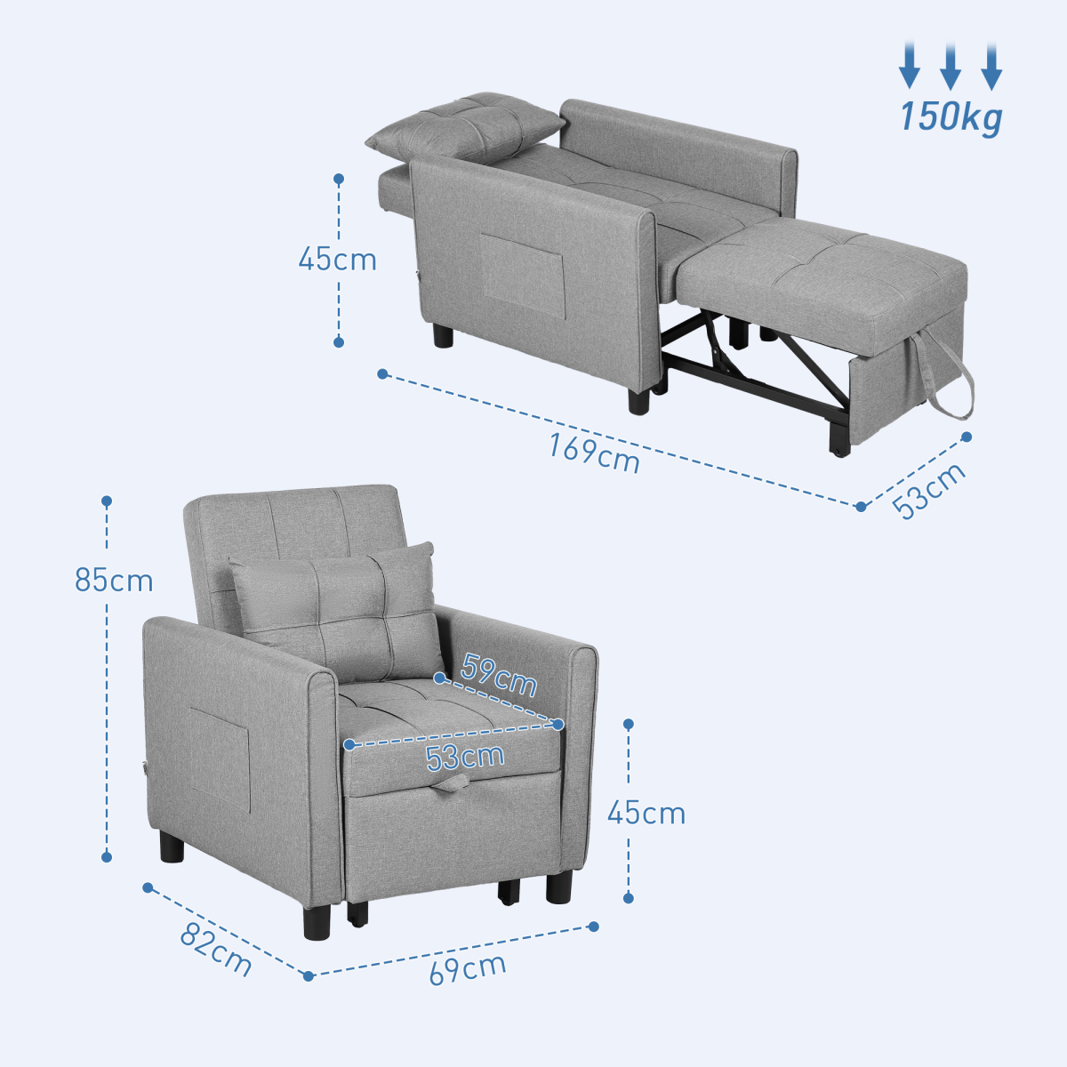 HOMCOM Pull-Out Sleeper Chair Bed with Pillow & Side Pockets – Single Guest Bed, Padded Upholstery, Light Grey