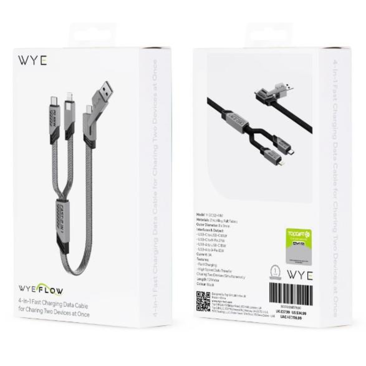 WYEFLOW 4-in-1 Fast Charging Data Cable with USB-C and USB-A Inputs – Charge Two Devices at Once, 1.2m, Black