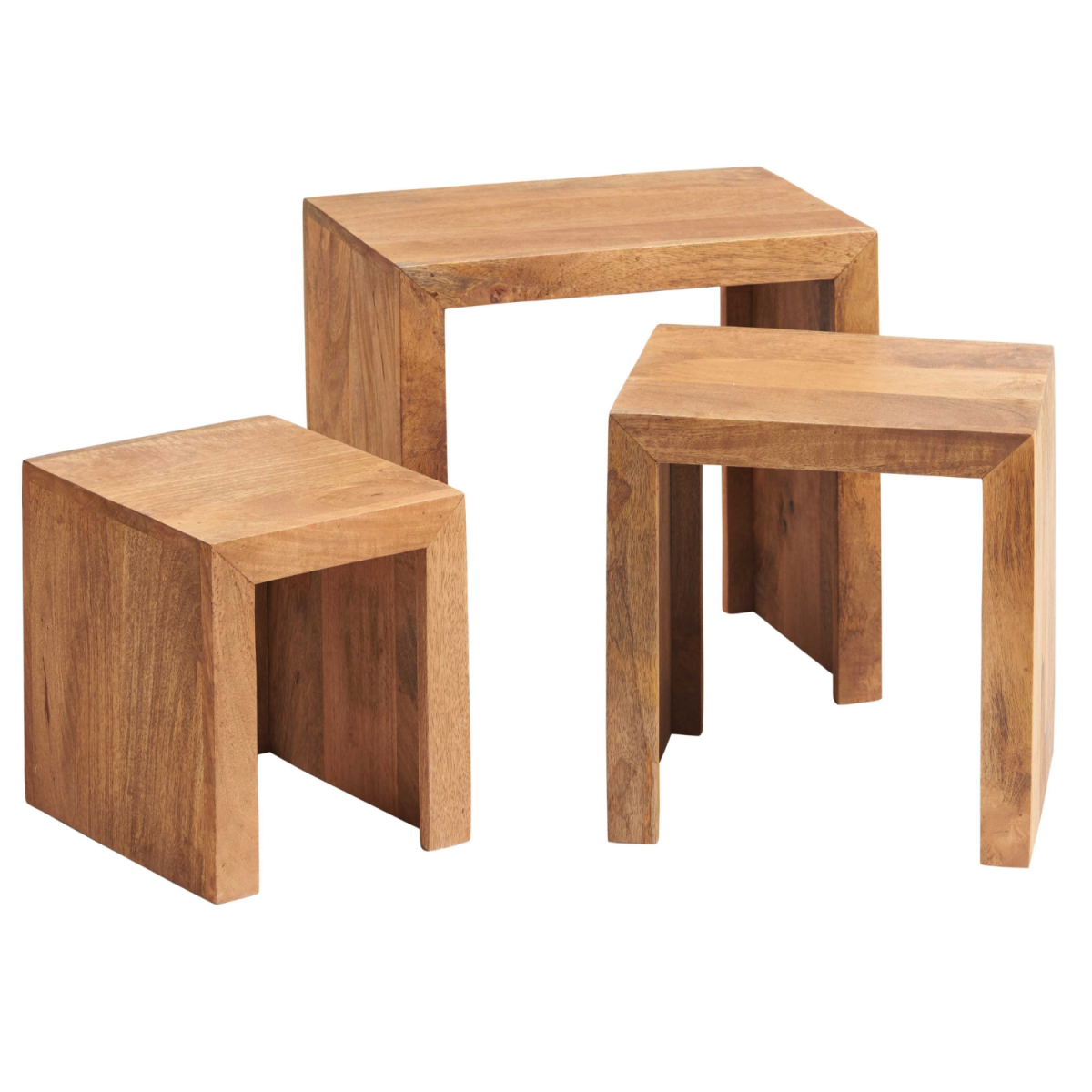 Toko Light Mango Wood Nest of 3 Tables – Solid Mango Wood Side Tables, Light Natural Finish