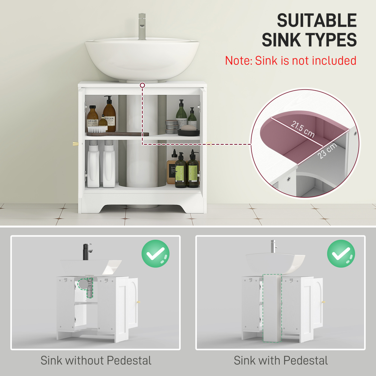 HOMCOM Modern Under Sink Cabinet with U-Shaped Cut-Out for Pedestal & Wall Basins – Bathroom Storage, White