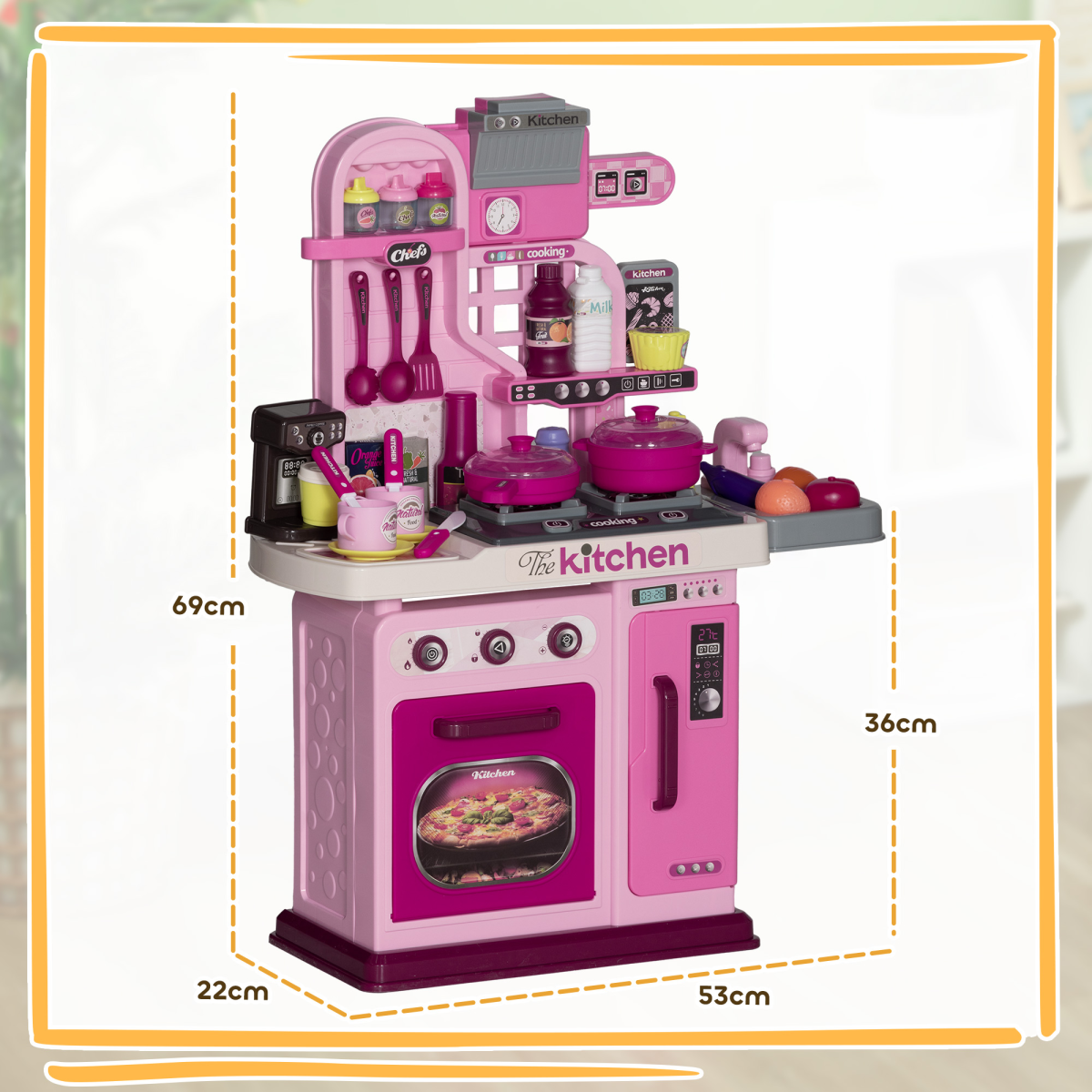 AIYAPLAY Kids Play Kitchen with 33 Accessories, Lights, Sounds and Storage – Pretend Cooking Toy, Pink