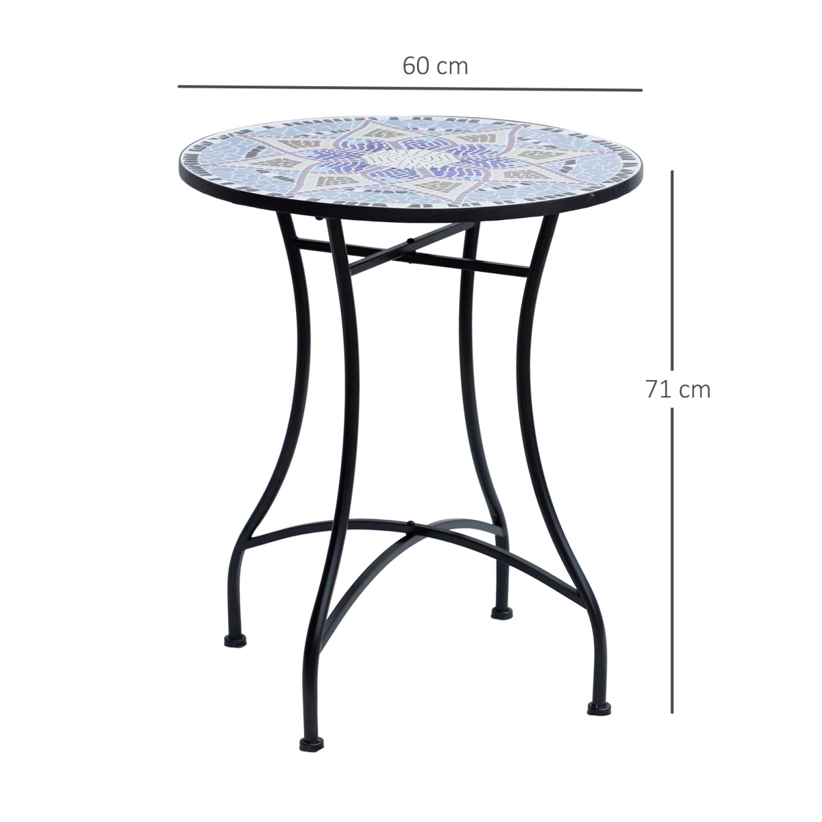 Outsunny Mosaic Round Patio Side Table with Ceramic Top, 60cm – Metal Frame Garden Table, Black/Blue/White