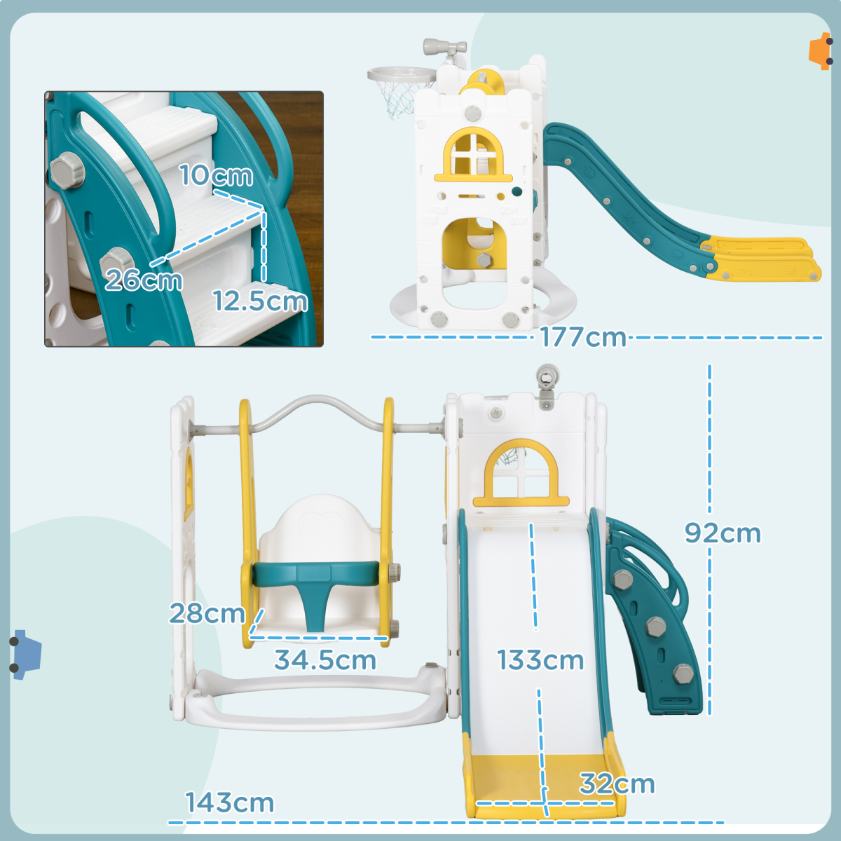 AIYAPLAY 6 in 1 Toddler Climber and Slide Set with Swing, Basketball Hoop & Telescope – Ages 1-3, Yellow