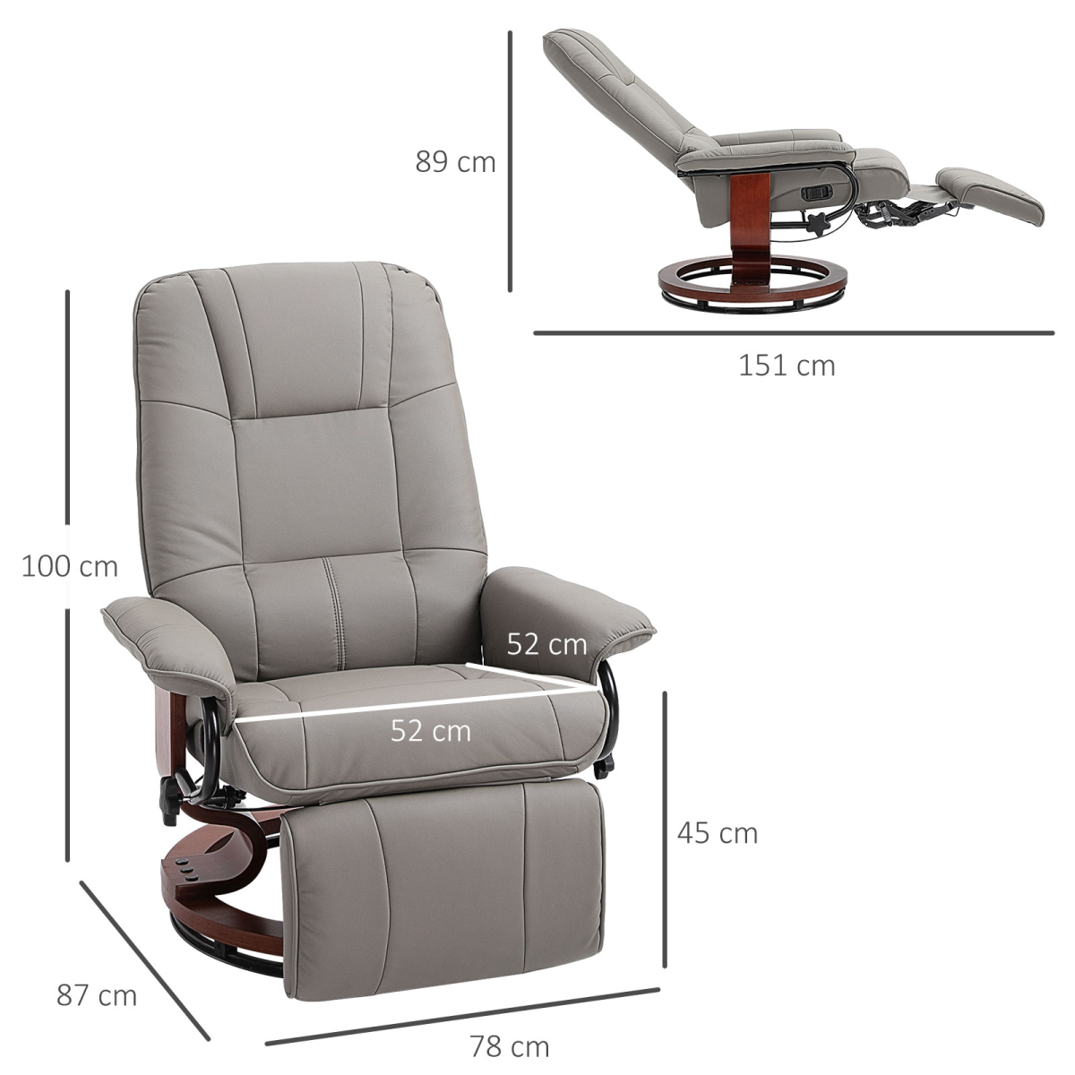 Close-up of the swivel base on the grey PU leather recliner armchair