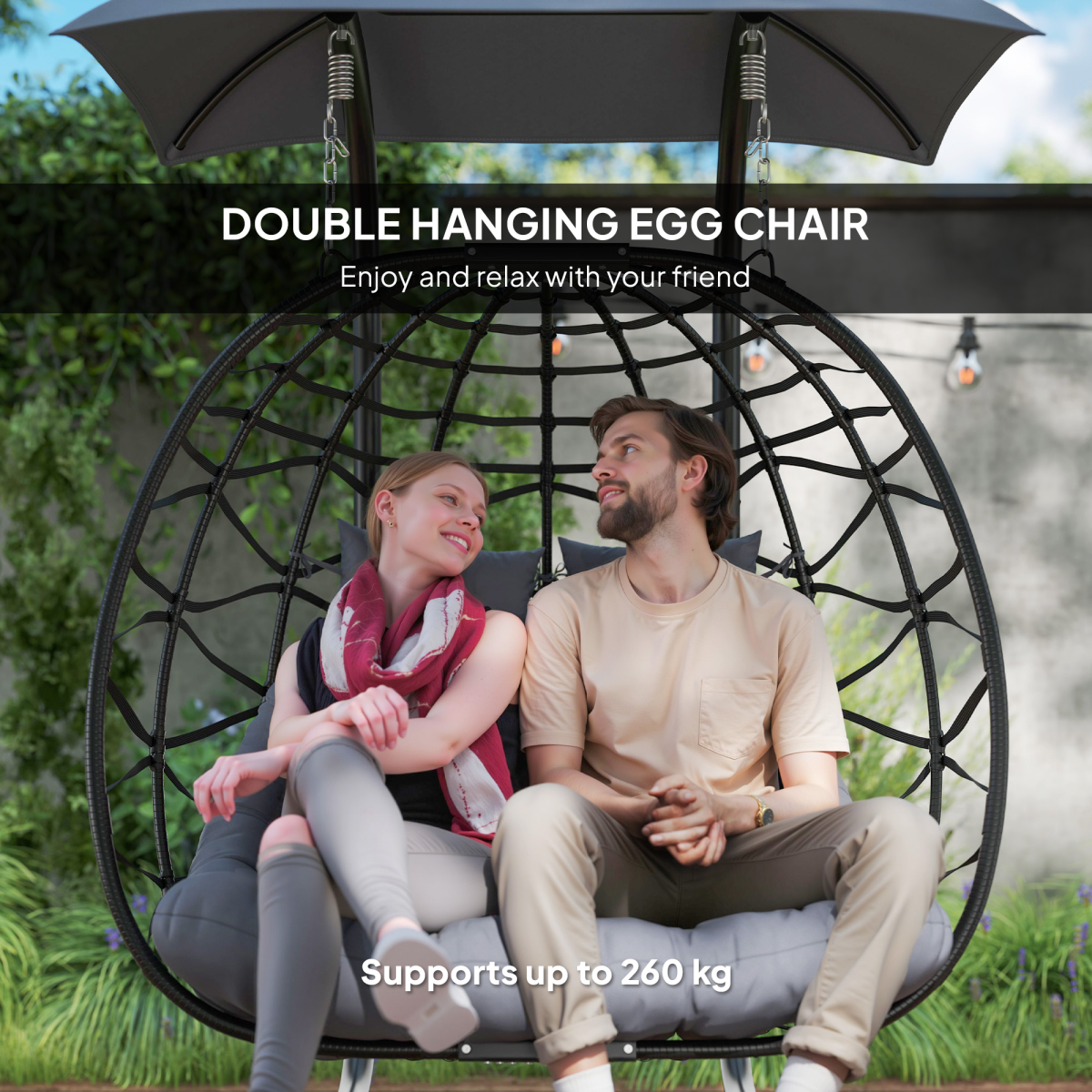Outsunny Rattan Double Hanging Egg Chair with Canopy and Tufted Cushion – Garden Swing Seat for Two, Black