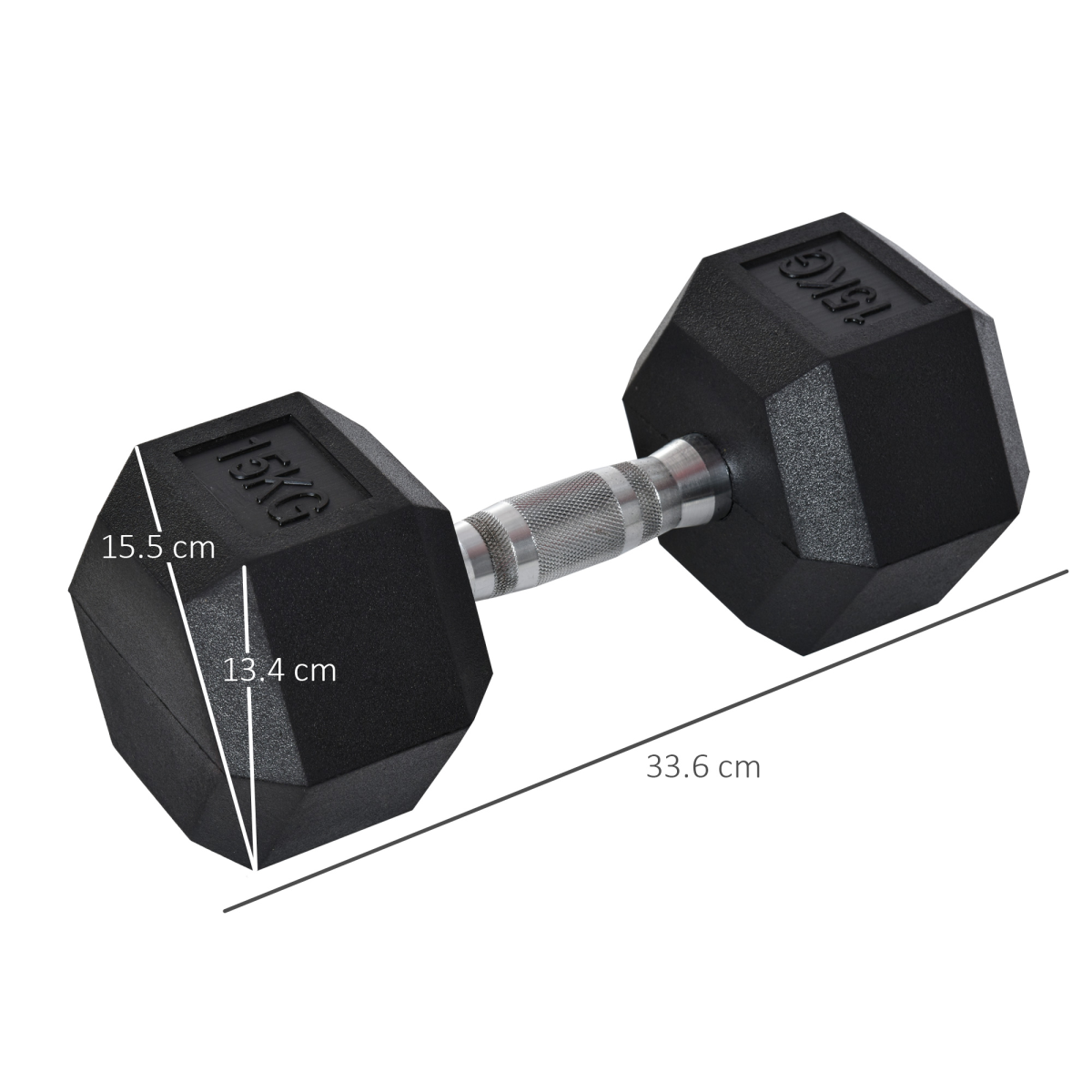 HOMCOM 15kg Single Rubber Hex Dumbbell with Knurled Steel Handle – Home Gym Hand Weight for Strength Training