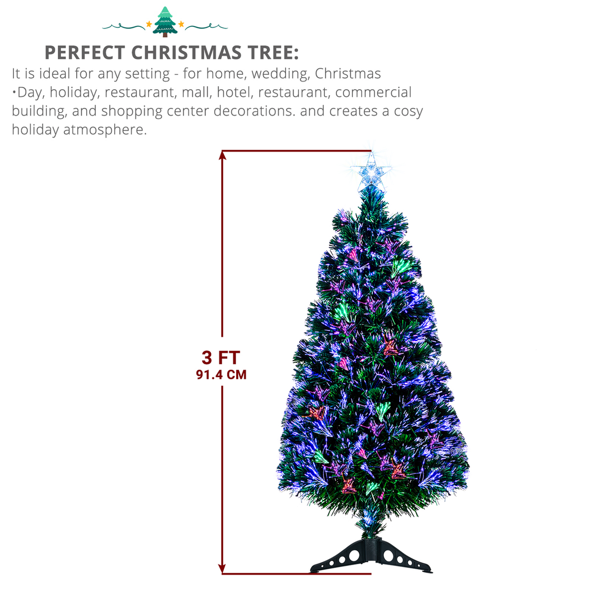 FCH 3ft Fibre Optic Christmas Tree with 85 Colour-Changing Branches, Top Star & Iron Stand – White
