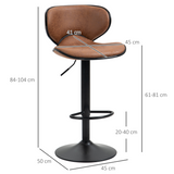 HOMCOM Vintage Microfibre Armless Bar Stools, Set of 2 with Adjustable Height & Curved Moulded Seat
