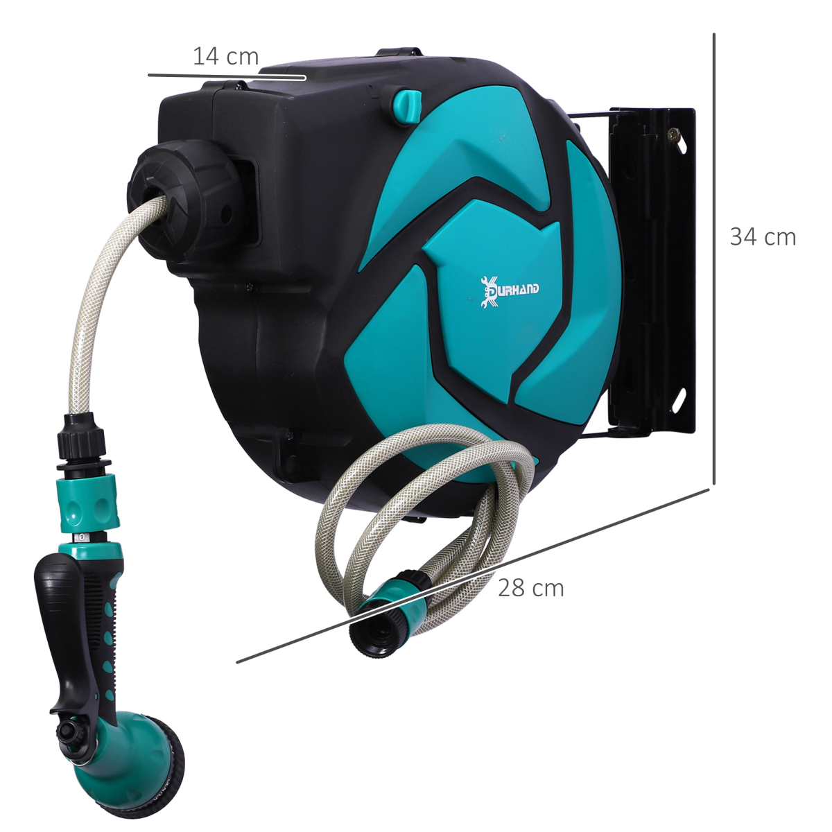 Durhand 10m Retractable Garden Hose Reel with Auto Rewind, Lock at Any Length and 7 Spray Patterns – Wall Mounted