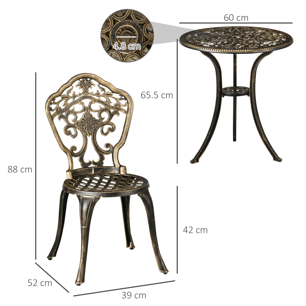Outsunny 3-Piece Cast Aluminium Bistro Set with Parasol Hole – Two Armless Chairs & Round Table for Patio, Bronze