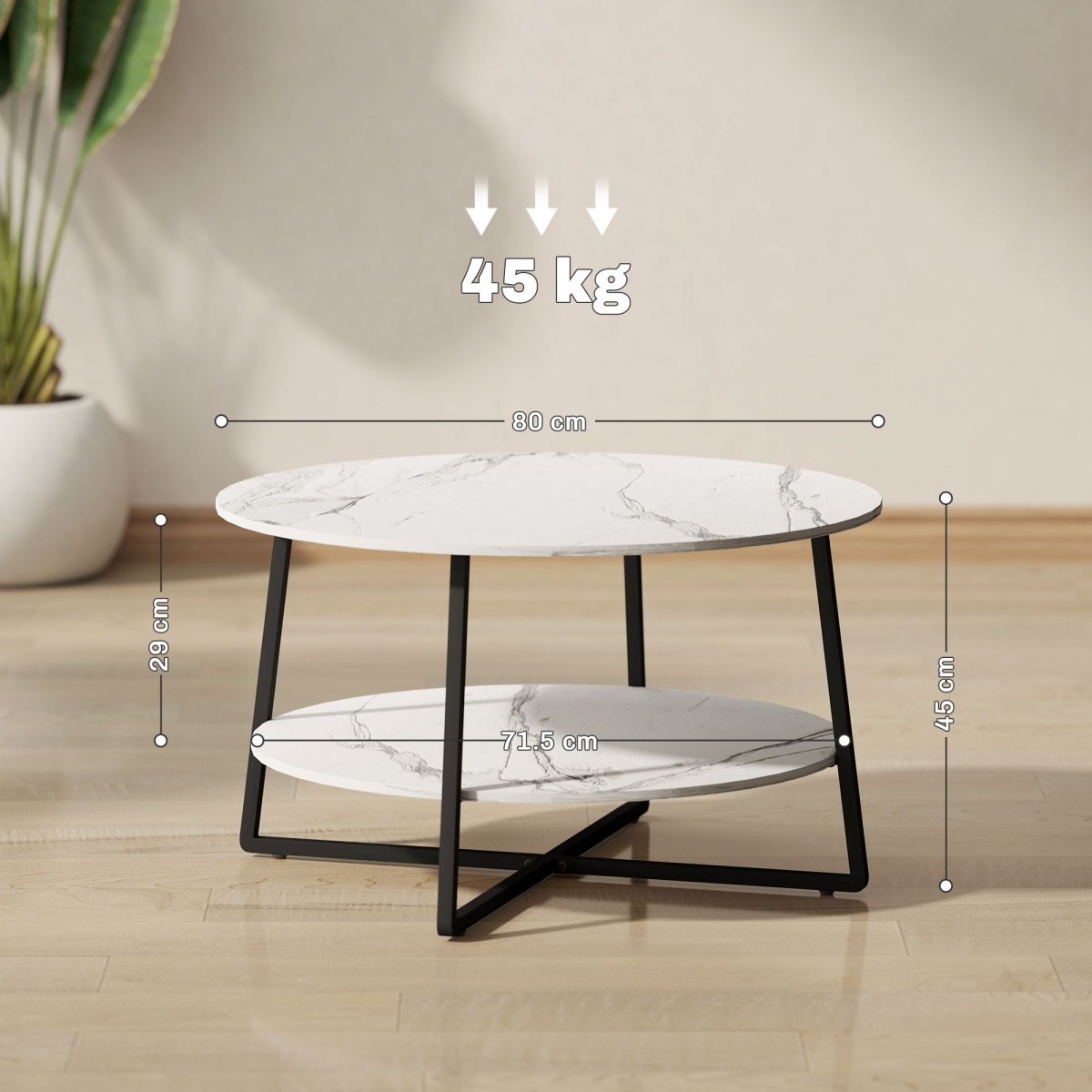HOMCOM Round Coffee Table with Storage Shelf and Marble-Effect Top, 80cm – Steel Frame Living Room Table, White