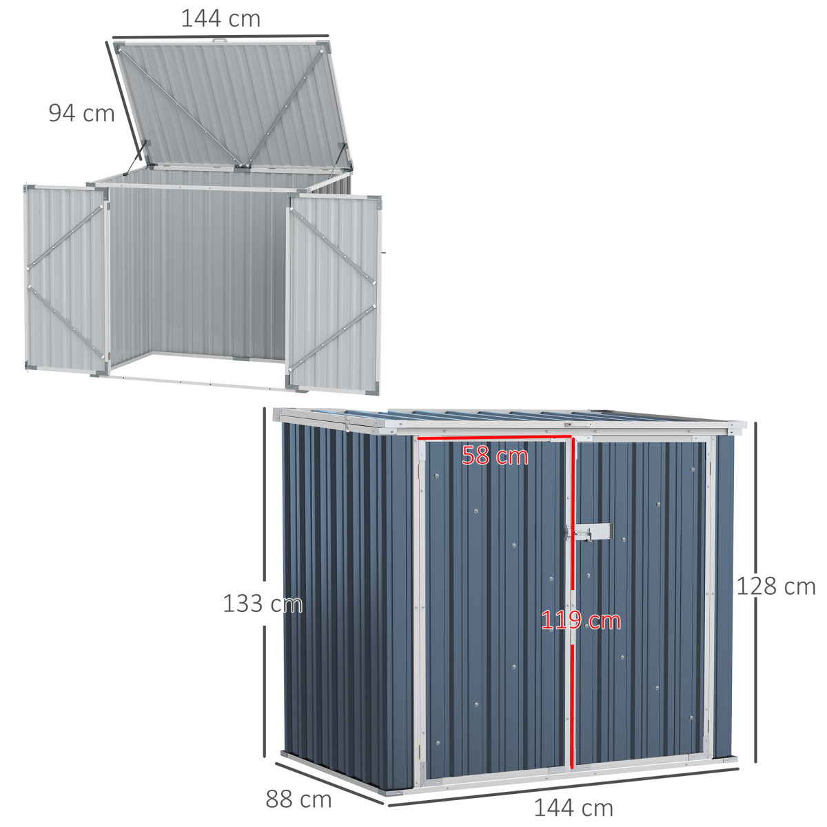 Outsunny 2-Bin Steel Rubbish Storage Shed with Double Locking Doors & Lift-Up Lid – Outdoor Wheelie Bin Store