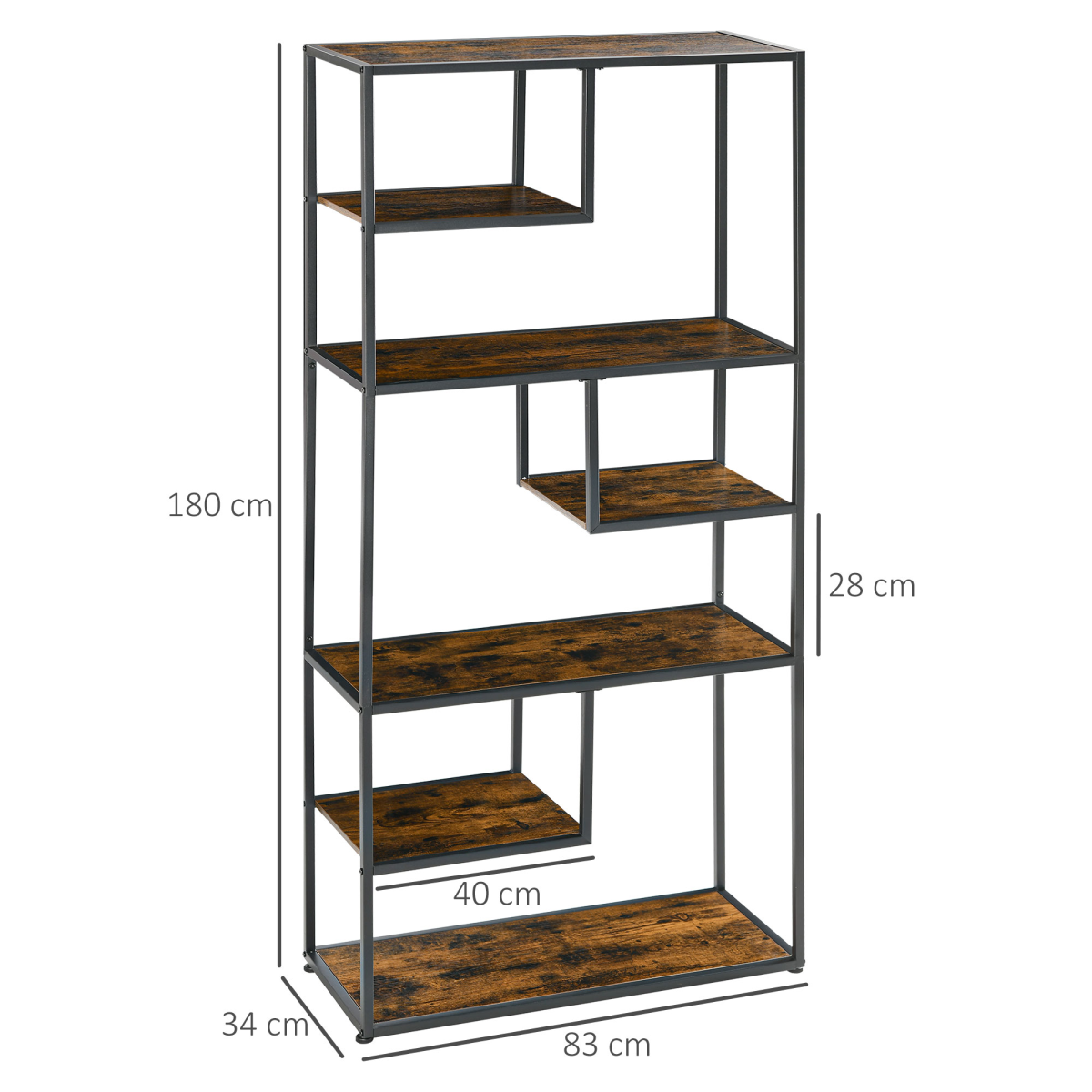 HOMCOM 7-Tier Industrial Bookshelf with Steel Frame and Anti-Tipping Straps – Free Standing Study Storage