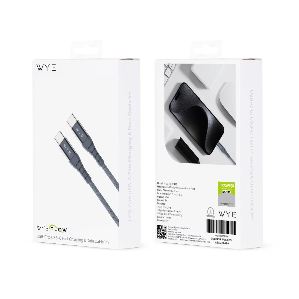 WYEFLOW USB-C to USB-C Fast Charging & Data Cable, 1m – 60W Silicone Cable with Aluminium Plugs, Grey