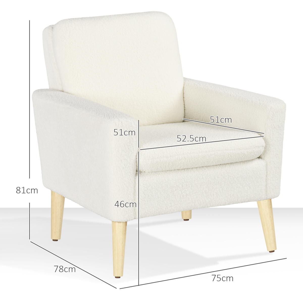 HOMCOM Teddy Fleece Wide Seat Accent Armchair with Solid Wood Frame & Rubberwood Legs – Living Room Chair, Cream