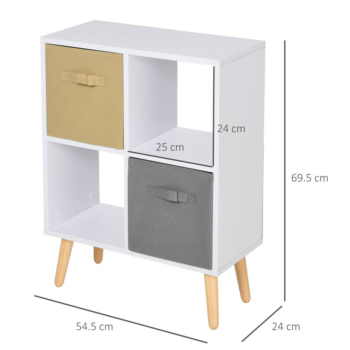 70 x 56cm Freestanding 4 Cube Storage Unit Bookcase with 2 Fabric Drawers – Home Organiser with Hardwood Legs
