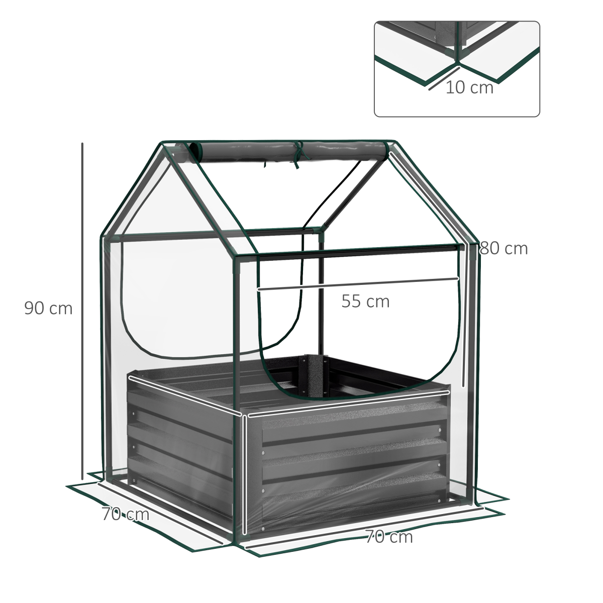 Outsunny Raised Garden Bed Planter Box with Clear Greenhouse Cover & Roll-Up Windows – 70 x 70 x 90cm, Grey